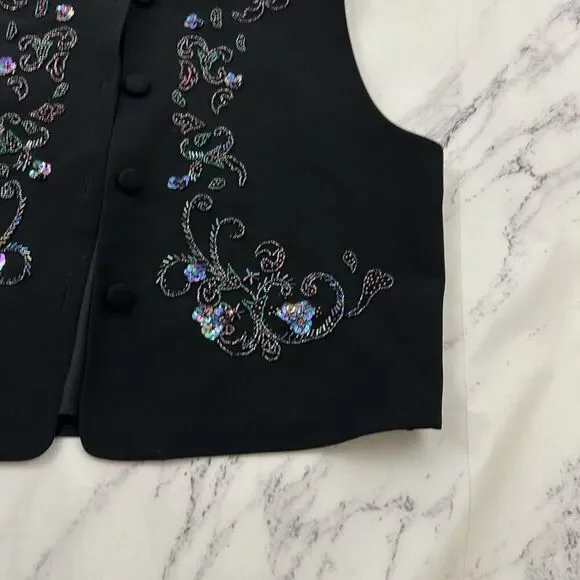 Carole Little Womens Vintage 90s Beaded Vest Size 14 Black Purple Floral Sequins - Picture 3 of 10